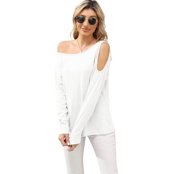 HIYIYEZI Women Cold Shoulder Tops Off One Shoulder Shirts Boat Neck Long Sleeve - Picture 4 of 6